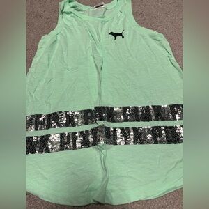 PINK Victoria's Secret Light Green Tee with Sequin Dog